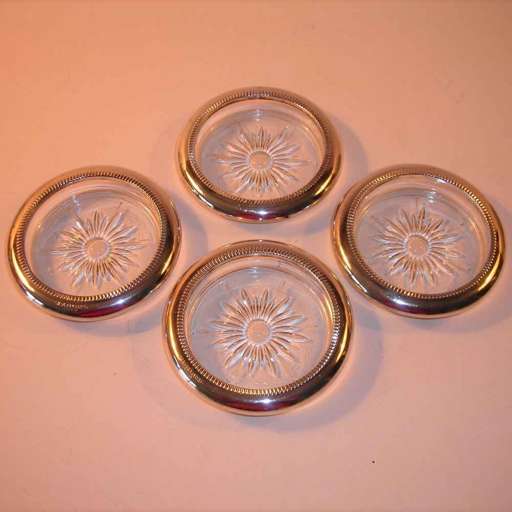 Vintage set of 4 Italian silverplate and glass drink COASTERS